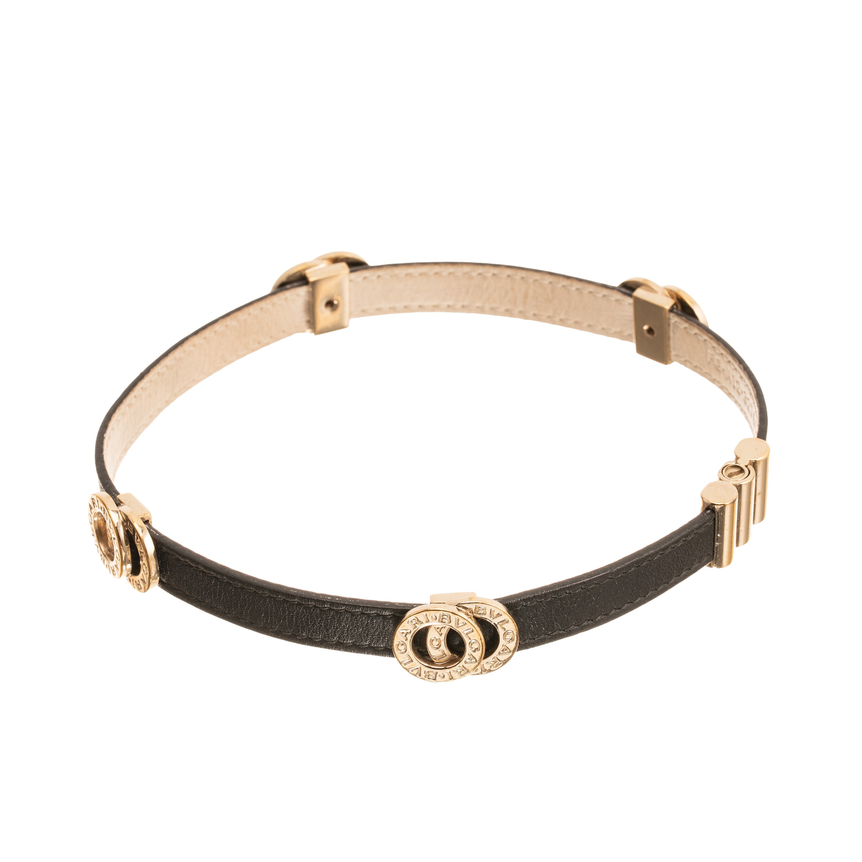 Bulgari - Collarino in pelle nera con elementi distintivi in metalleria