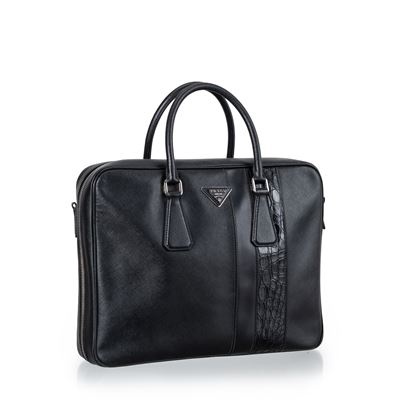 Borsa da lavoro in pelle Saffiano nera con dettagli in coccodrillo e minuteria palladio