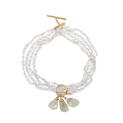 Bracciale in oro giallo 18 kt, cristallo di rocca e acquamarina con chiusura in oro giallo