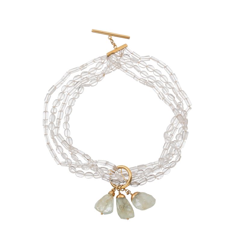 Bracciale in oro giallo 18 kt, cristallo di rocca e acquamarina con chiusura in oro giallo