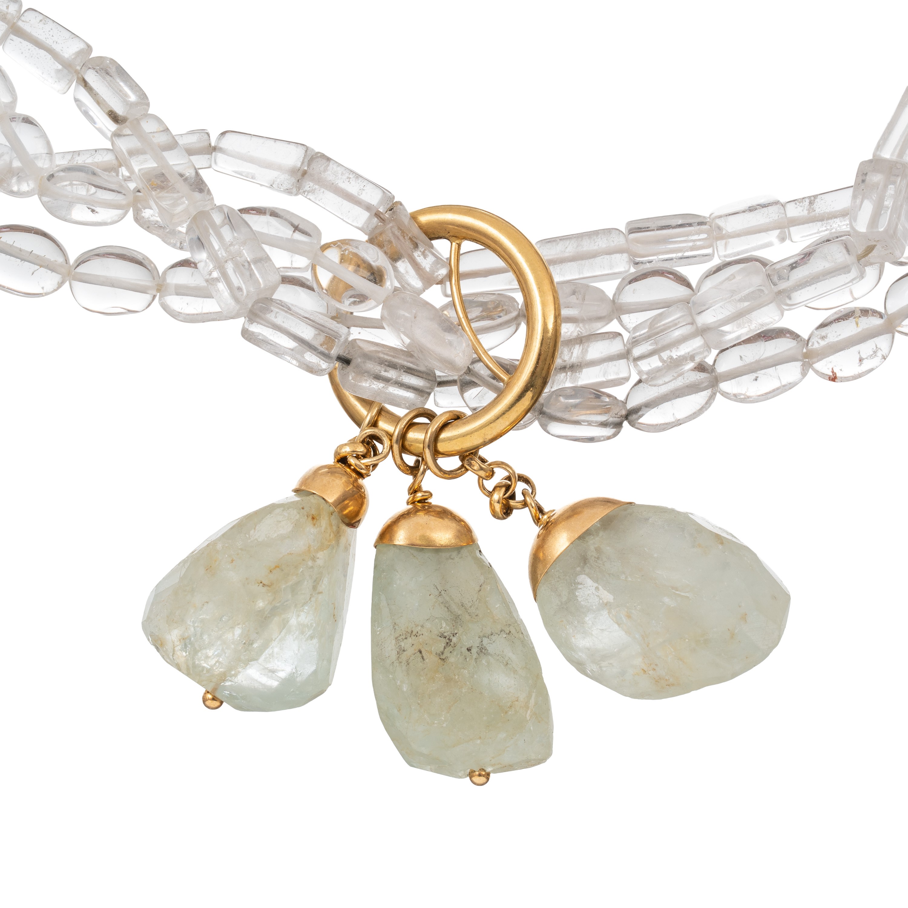 Bracciale in oro giallo 18 kt, cristallo di rocca e acquamarina con chiusura in oro giallo