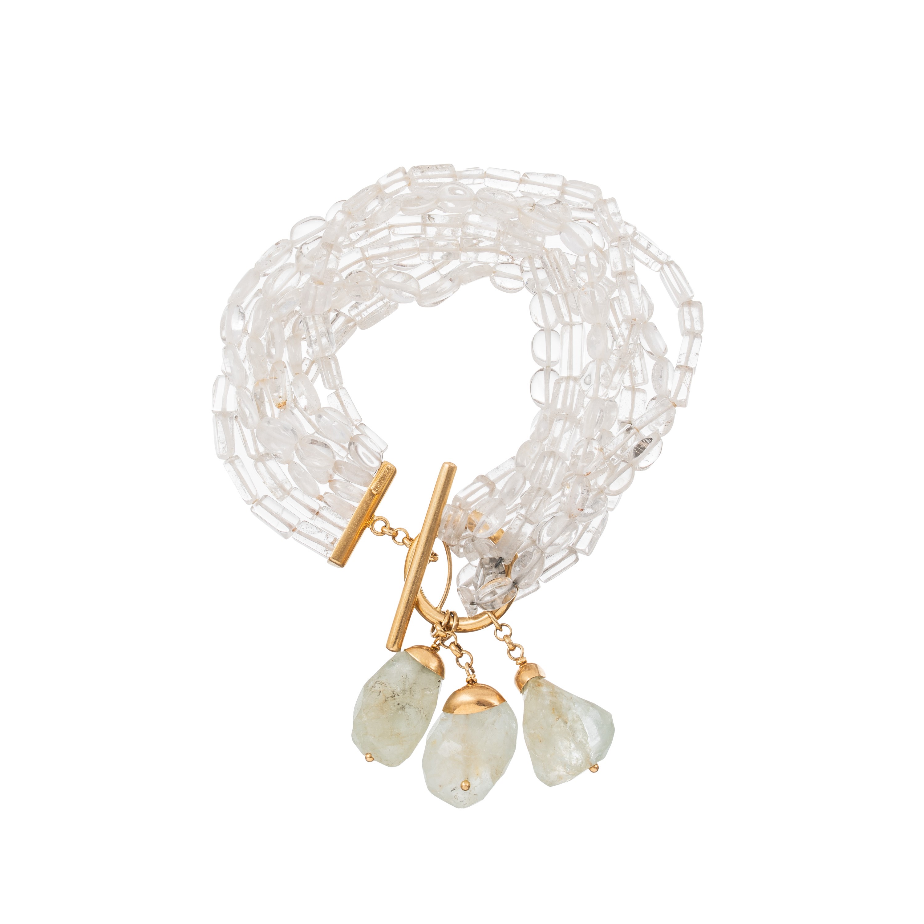 Bracciale in oro giallo 18 kt, cristallo di rocca e acquamarina con chiusura in oro giallo