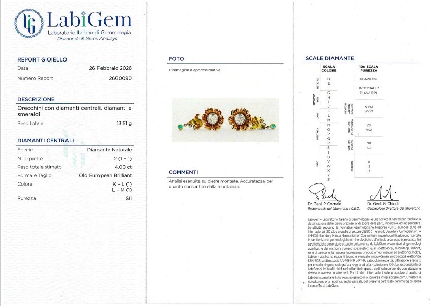 Orecchini in oro 18 kt (giallo e bianco) con diamanti e pendente staccabile con rosette