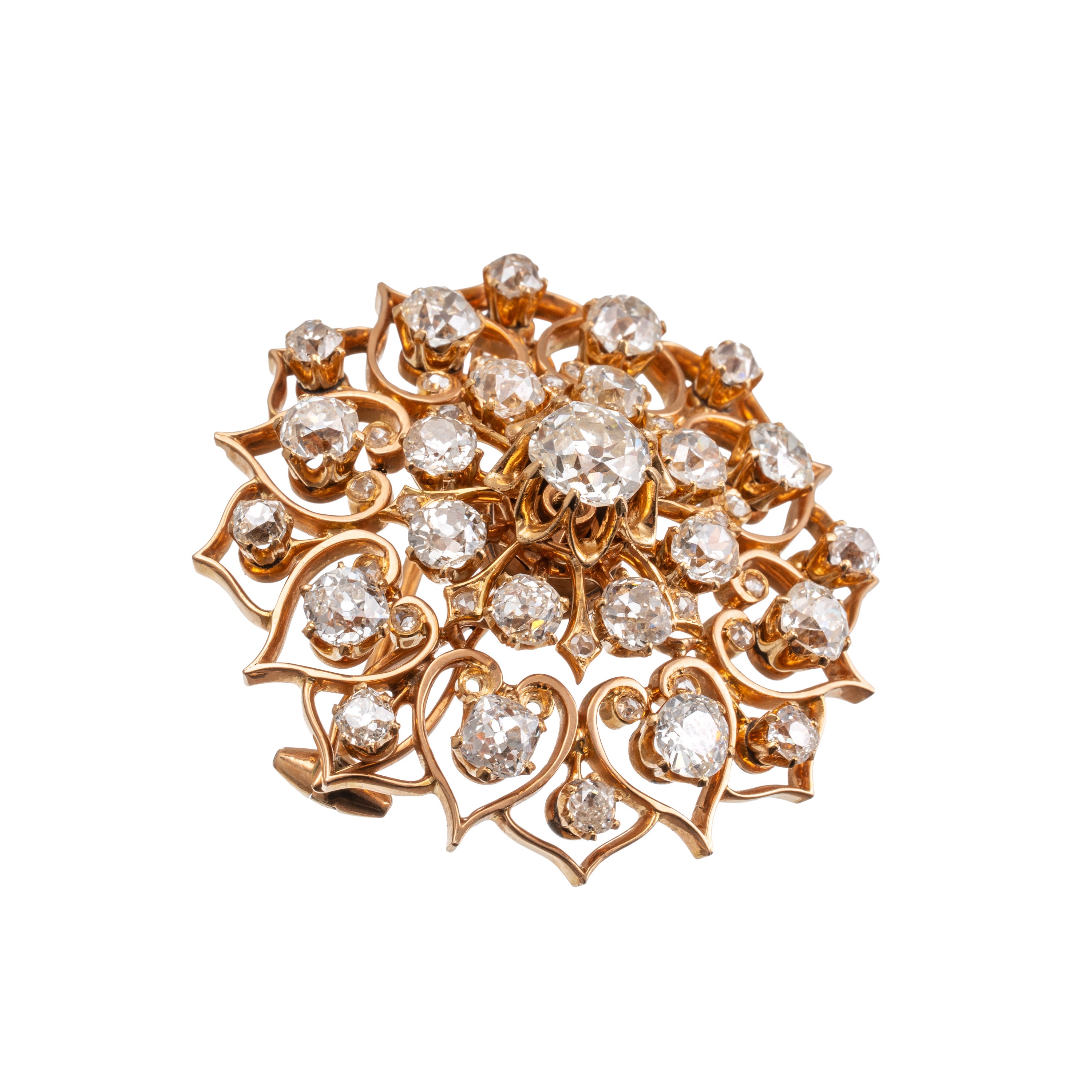 Spilla in oro giallo 18 kt con diamante centrale naturale Old Mine Brilliant e contorno di diaman...