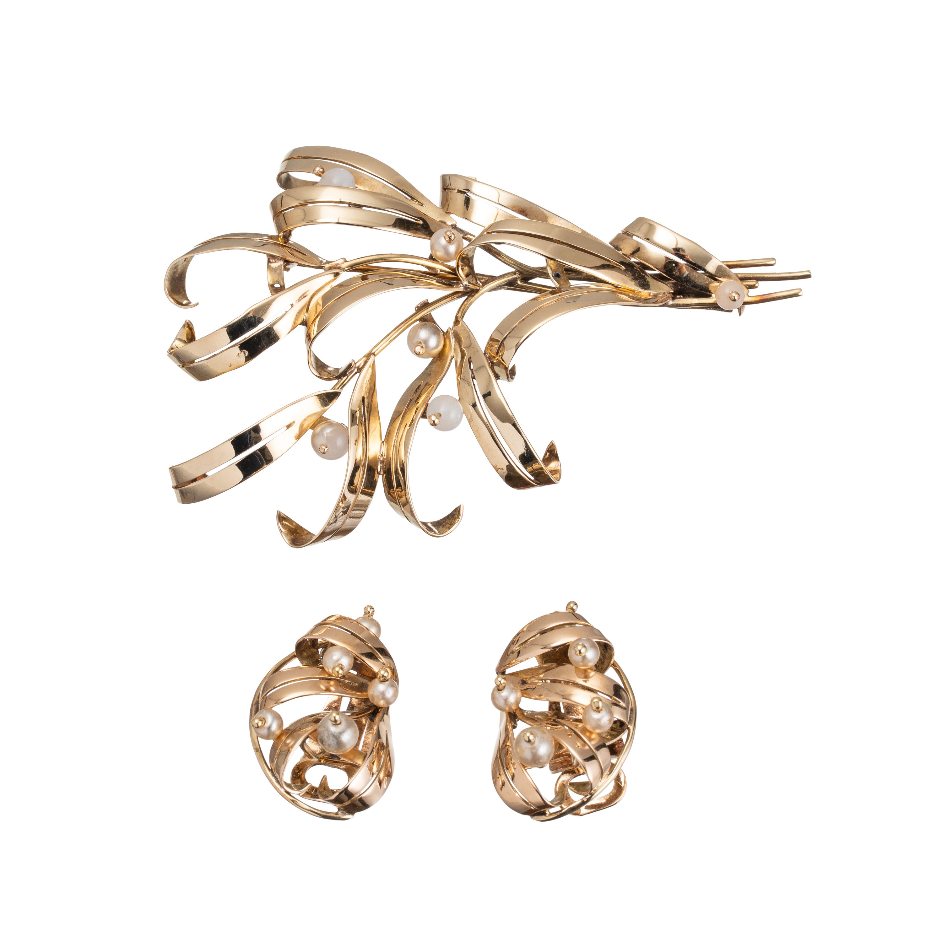 Parure in oro giallo 9 kt, spilla e orecchini
