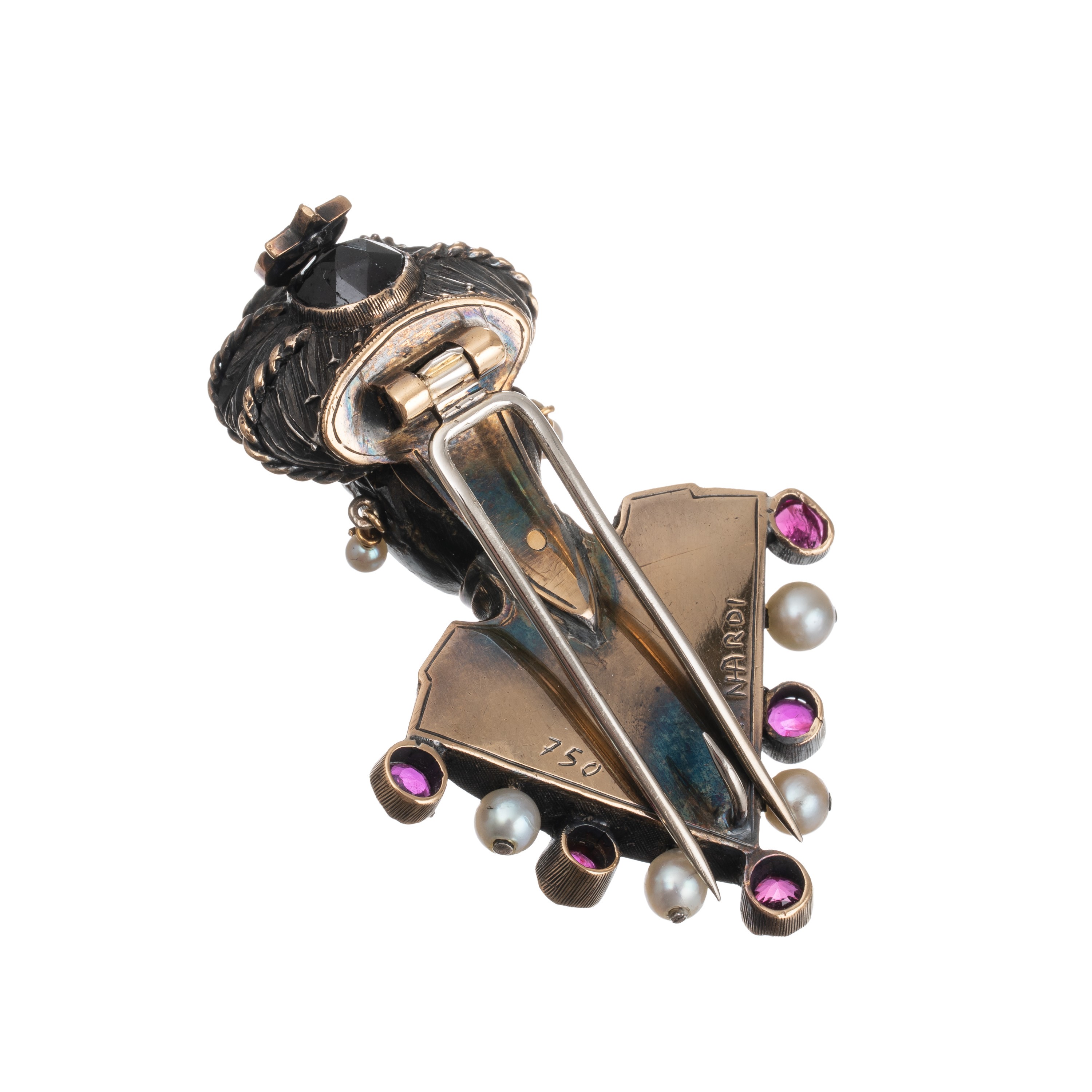 Nardi - Spilla veneziana in oro rosa 18 kt con ambra, smeraldi, rubini e perle