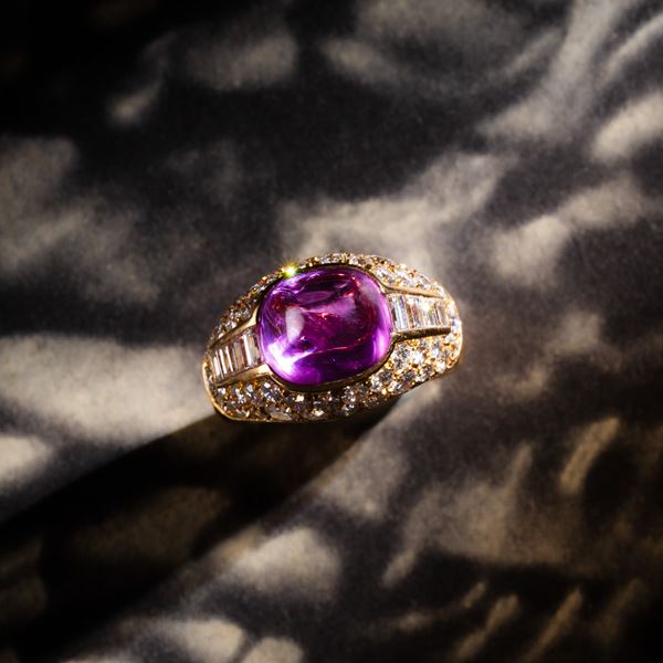 BULGARI - BULGARI - ANELLO "TROMBINO" IN ORO GIALLO 18 KT CON ZAFFIRO ROSA E DIAMANTI
