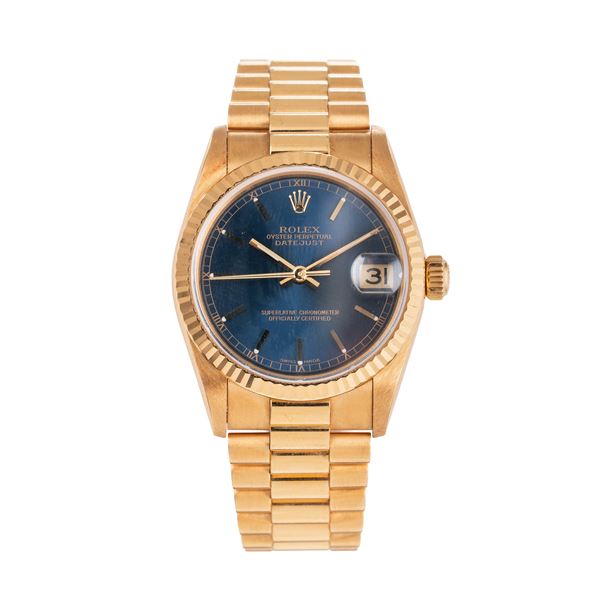 ROLEX - ROLEX - DATEJUST OROLOGIO SOLO TEMPO A CARICA AUTOMATICA IN ORO GIALLO 18 KT CON BRACCIALE PRESIDENT IN ORO GIALLO 18 KT E QUADRANTE BLU CON DATARIO AD ORE TRE