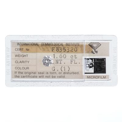 Diamante naturale, taglio brillante rotondo, 1,60 ct, colore G1 – IF, certificato IGI F835320