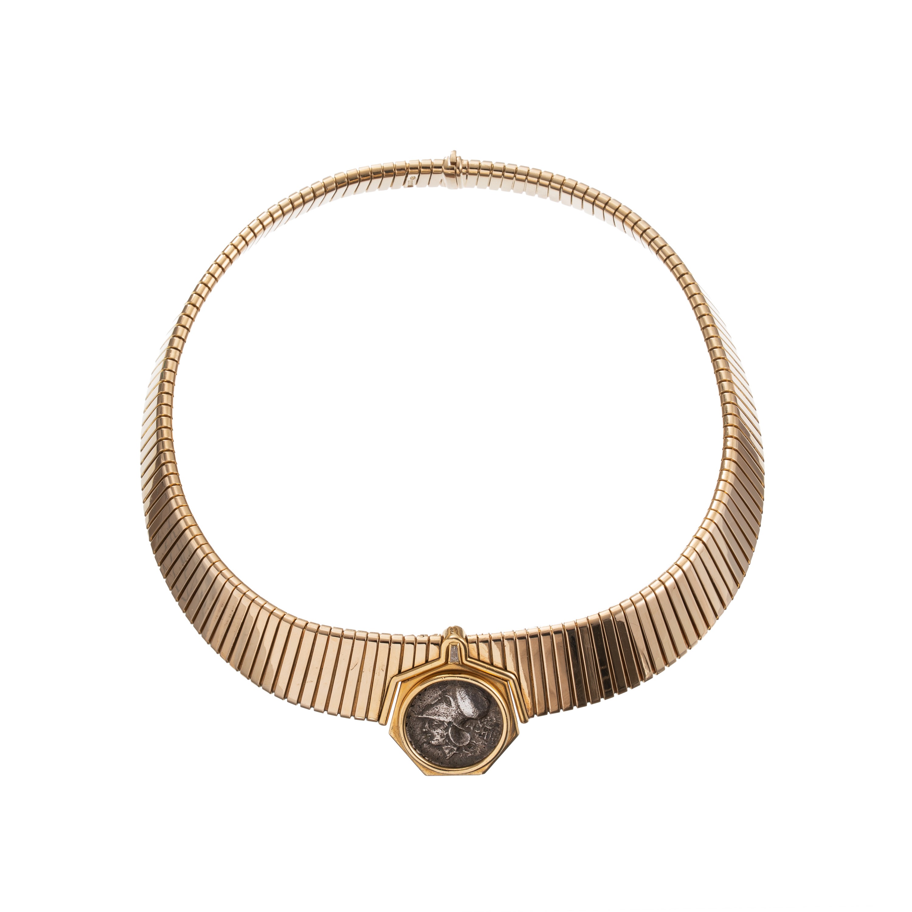 Bulgari - Girocollo Tubogas in oro giallo 18 kt con moneta centrale in argento brunito