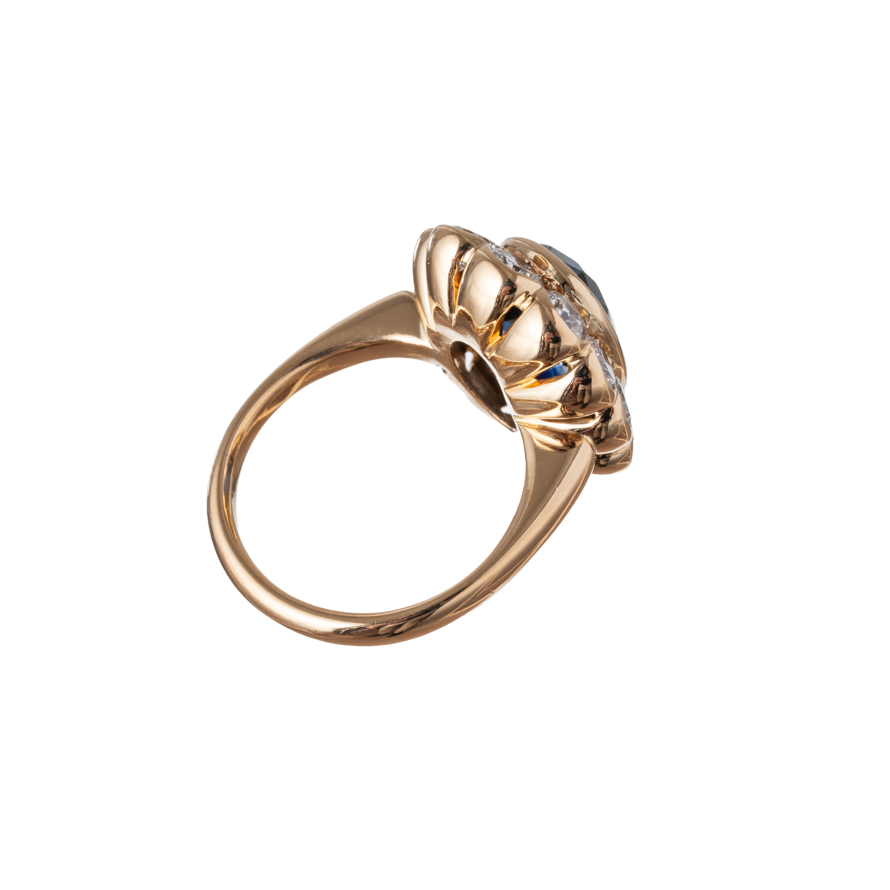 Anello, oro giallo 18 kt con zaffiro e diamanti