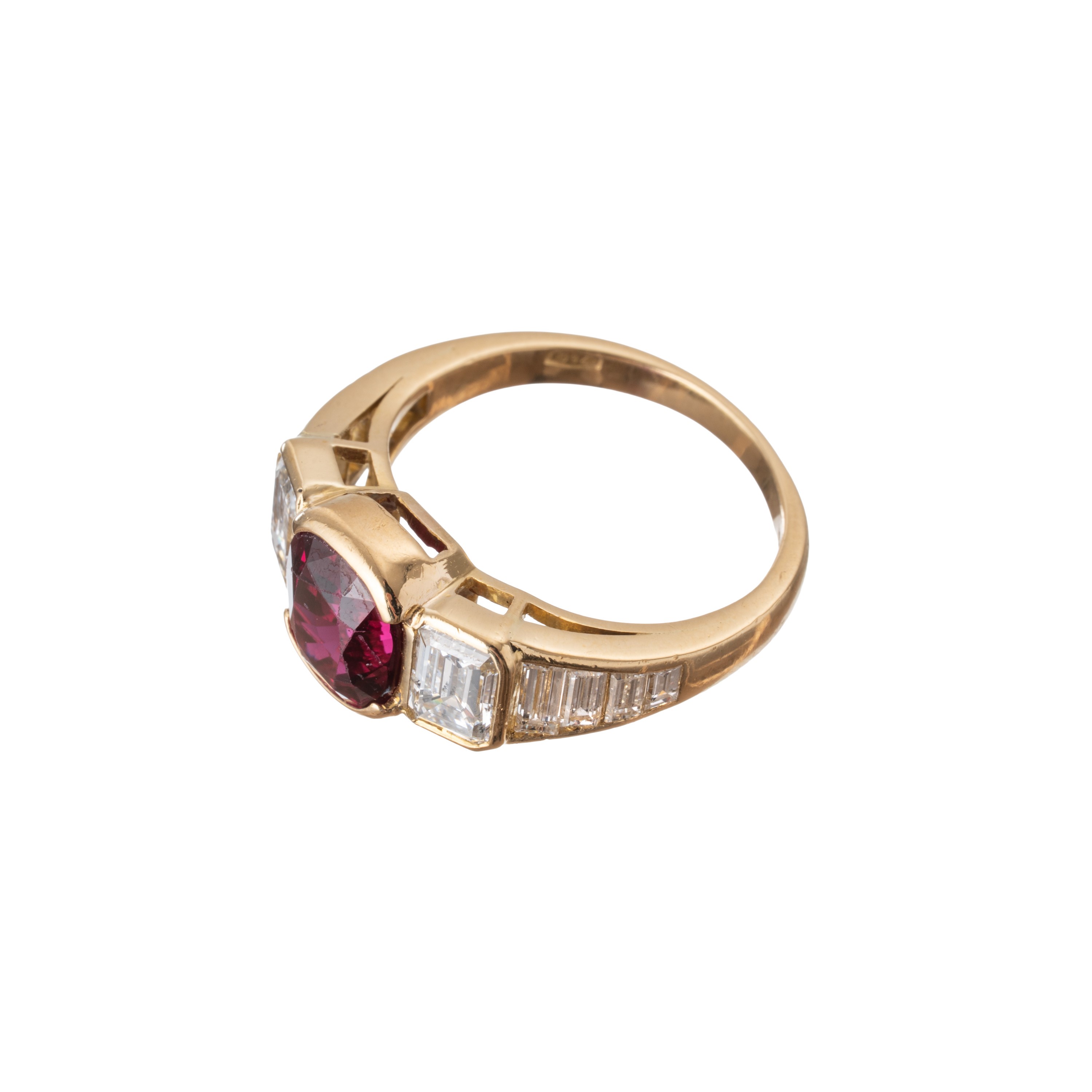 Anello in oro giallo 18 k con rubino e diamanti, misura 53/13