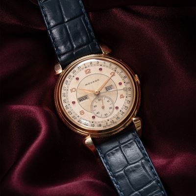 Calendograf triplo calendario, oro rosa 18 kt con quadrante bitonale e indici rubino (Ref. 4823)