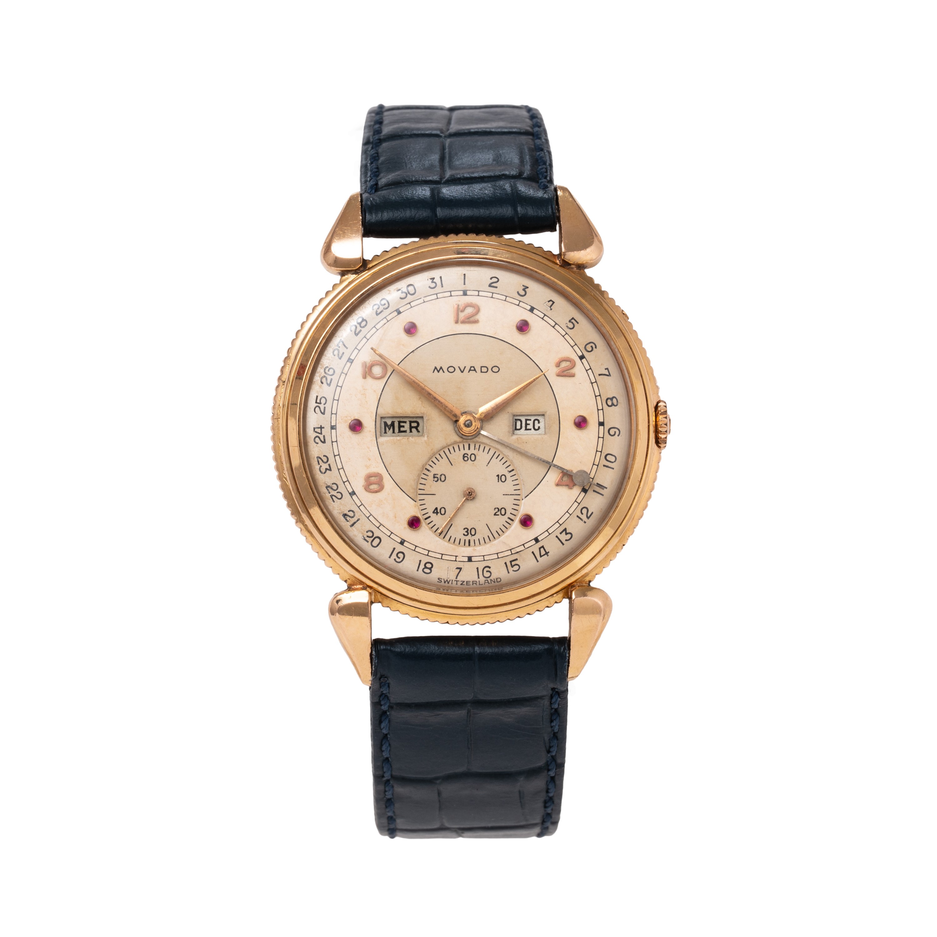 Movado - Calendograf triplo calendario, oro rosa 18 kt con quadrante bitonale e indici rubino (Re...