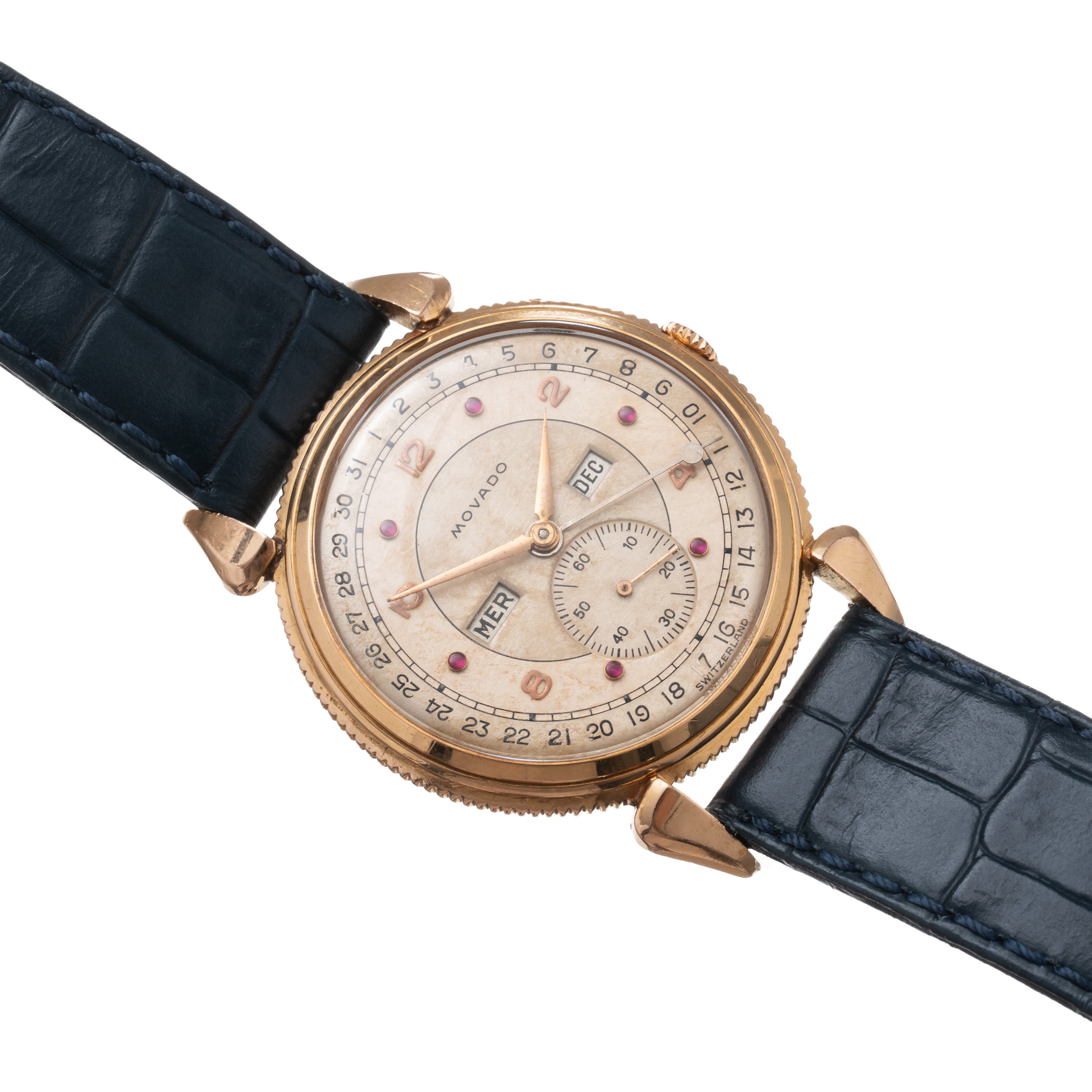 Movado - Calendograf triplo calendario, oro rosa 18 kt con quadrante bitonale e indici rubino (Re...