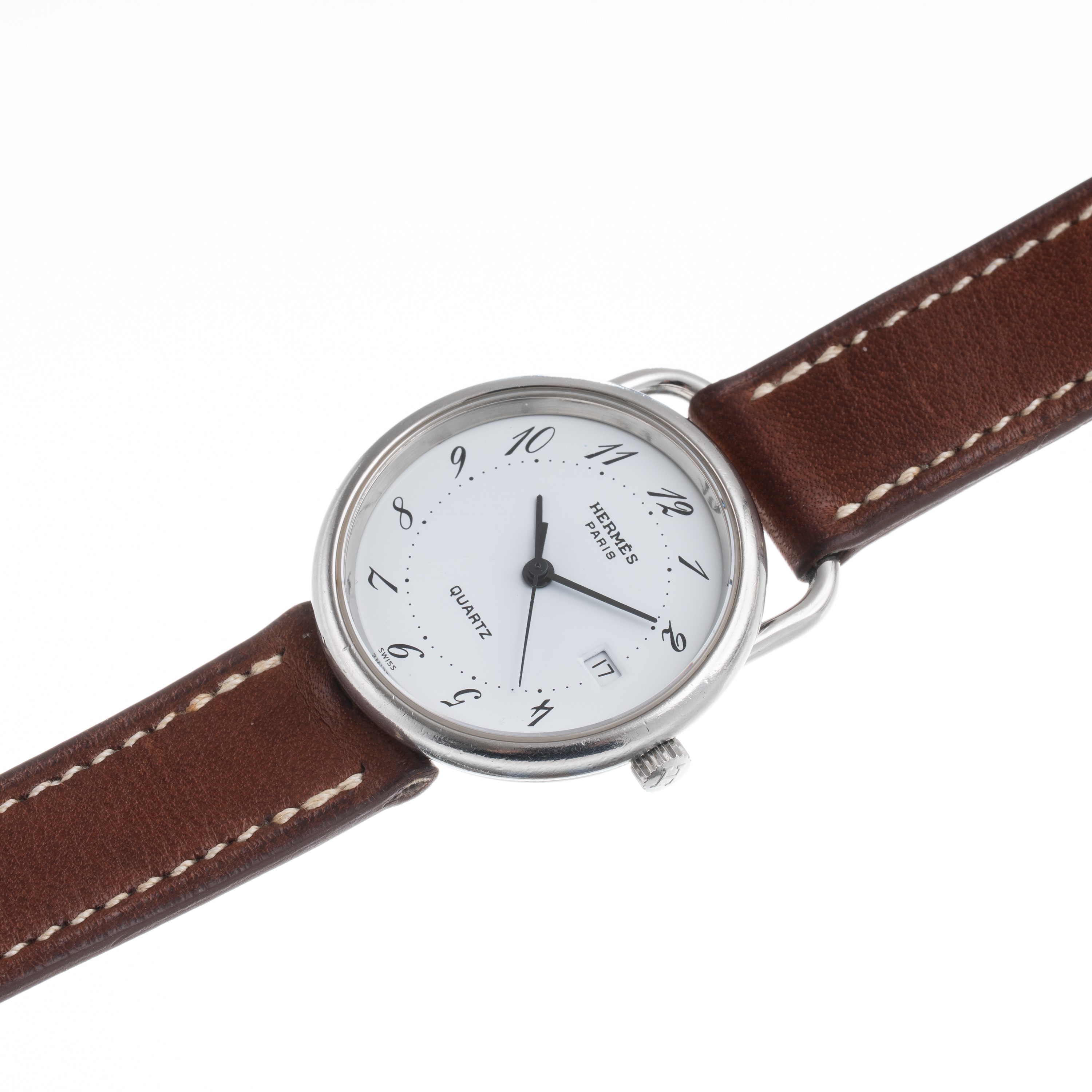 Hermès - Orologio Solo Tempo al quarzo in acciaio con quadrante bianco e datario a ore tre