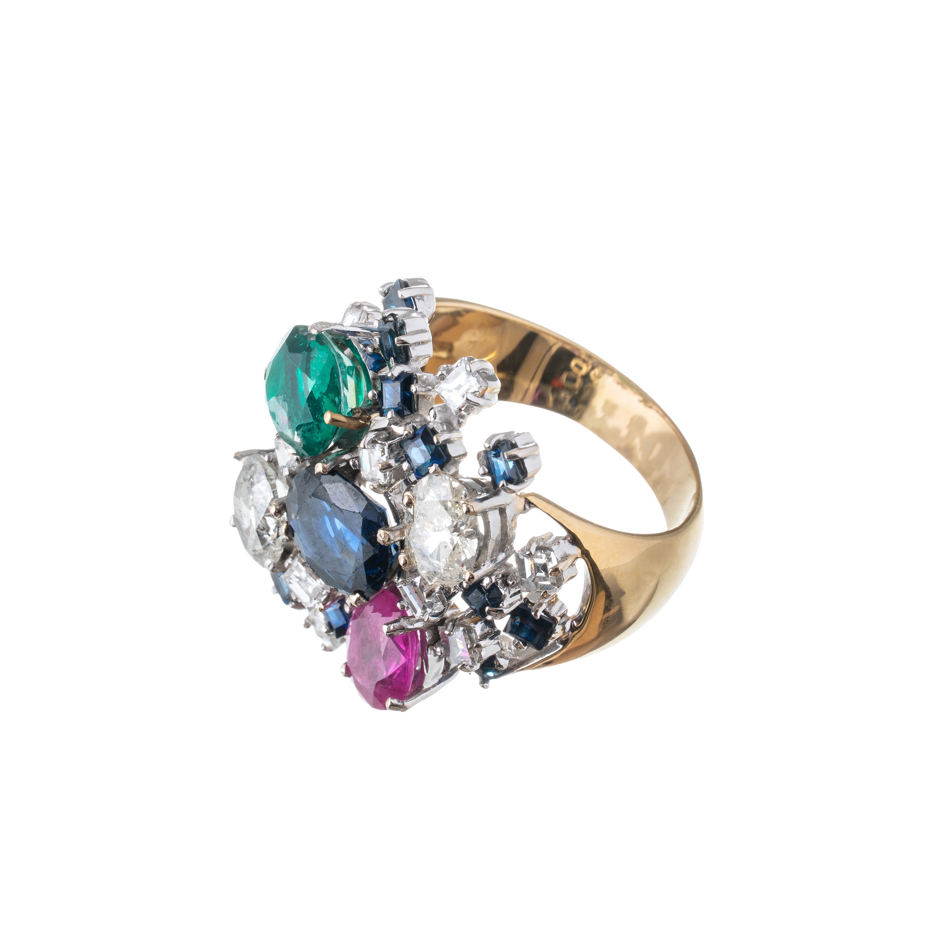 Anello a fantasia, oro giallo e bianco 18 kt, zaffiri, zaffiro rosa, smeraldo e diamanti