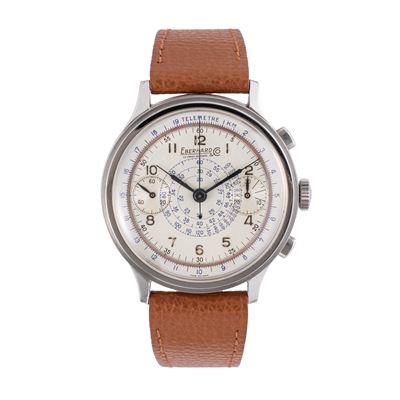 Chronograph – cronografo a carica manuale in acciaio con quadrante grigio bitonale e scala teleme...
