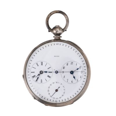 Orologio da tasca in argento Dual Time con quadrante in porcellana, datario e secondi morti