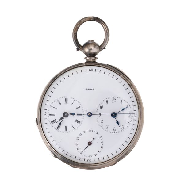 DUPLEX - DUPLEX OROLOGIO DA TASCA IN ARGENTO DUAL TIME CON DATARIO E SECONDI MORTI