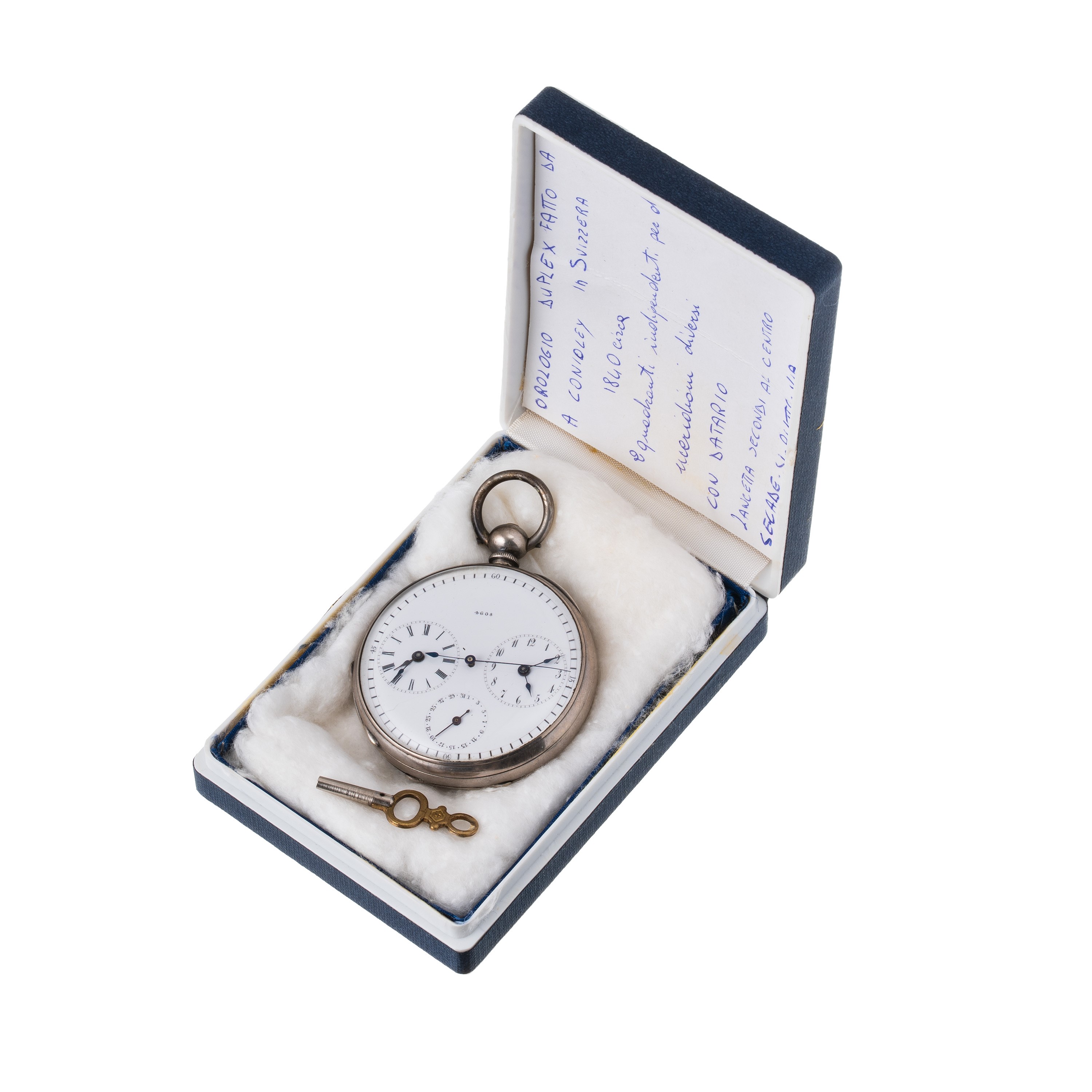 Duplex - Orologio da tasca in argento Dual Time con quadrante in porcellana, datario e secondi mo...