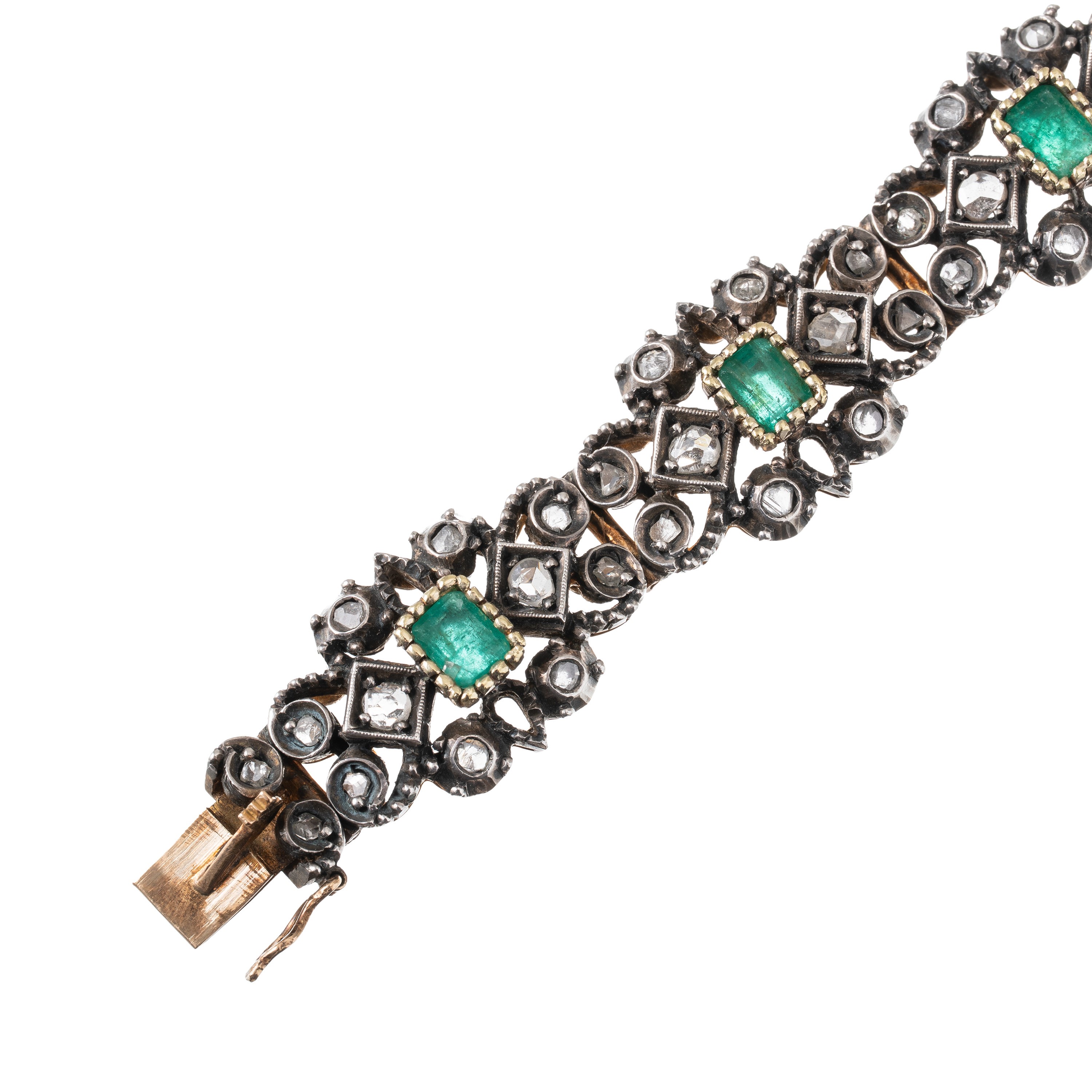Bracciale in oro 18 kt e argento con smeraldi rettangolari e rosette in diamanti