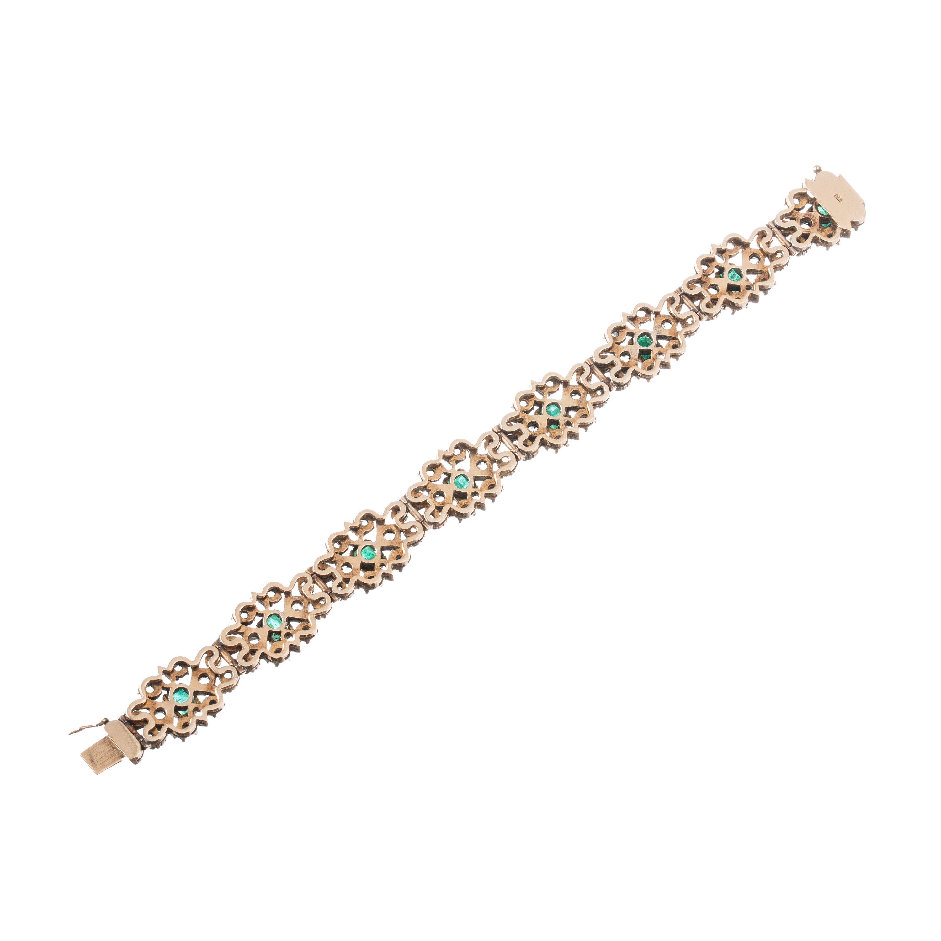 Bracciale in oro 18 kt e argento con smeraldi rettangolari e rosette in diamanti