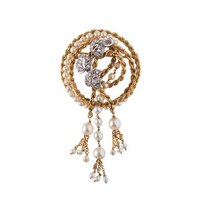 Spilla, oro giallo 18 kt, perle e brillanti