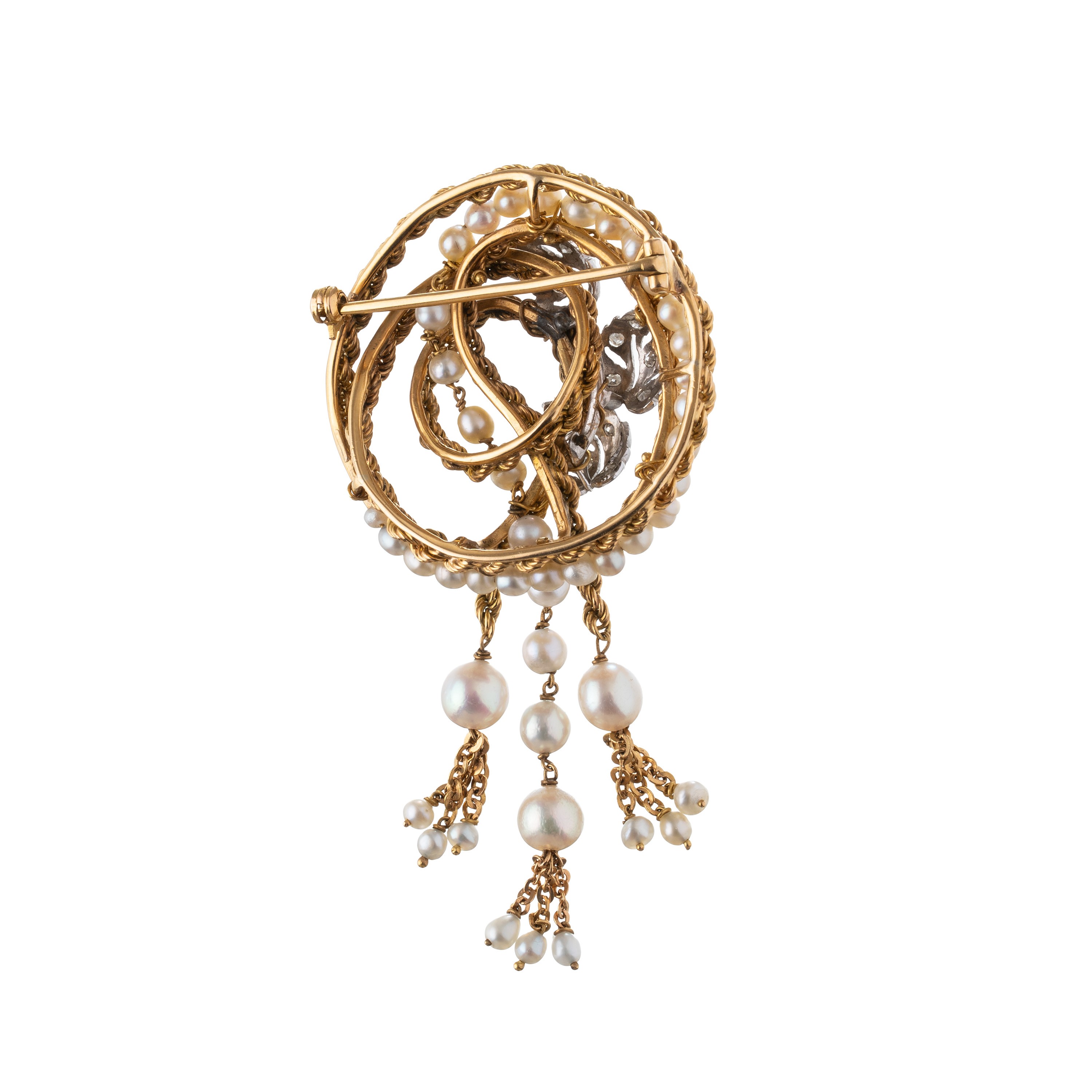 Spilla, oro giallo 18 kt, perle e brillanti
