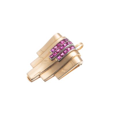 Ciondolo clip in oro giallo 18 kt con diciassette rubini, taglio carré