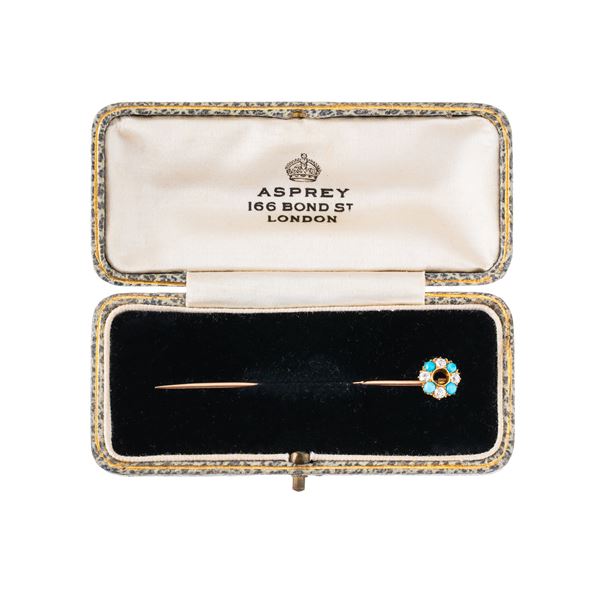 Anonimo - SPILLA ORO 18 KT CON DIAMANTI E TURCHESE