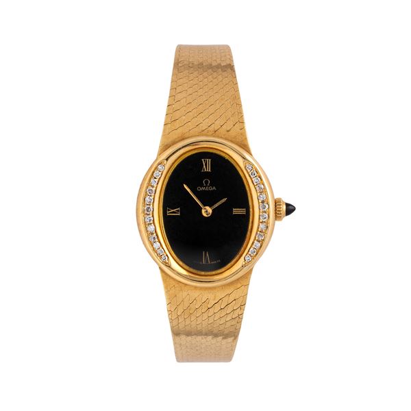 OMEGA - OMEGA OROLOGIO SOLO TEMPO A CARICA MANUALE IN ORO GIALLO 18 KT CON BRACCIALE INTEGRATO IN ORO GIALLO 18 KT, QUADRANTE ONICE E GHIERA CON DIAMANTI