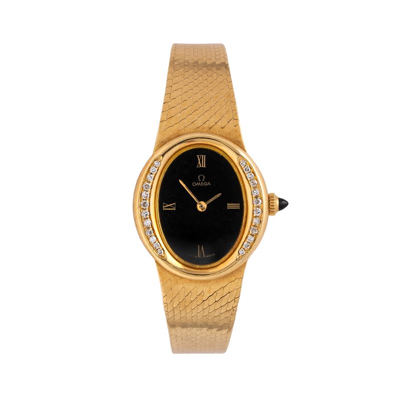 Omega - Orologio solo tempo in oro giallo 18 kt con quadrante in onice e ghiera con diamanti