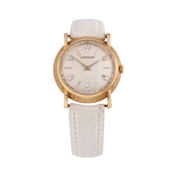 LONGINES - LONGINES  OROLOGIO SOLO TEMPO A CARICA MANUALE IN ORO GIALLO 14 KT PRODOTTO PER IL MERCATO AMERICANO CON ANSE DI FROMA, CASSA LAVORATA E QUADRANTE ARGENTE' CON INDICI DIAMANTATI