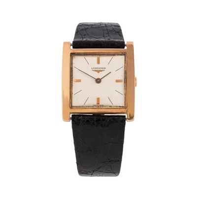 Orologio solo tempo a carica manuale in oro rosa 18 kt con cassa quadrata e quadrante argenté (Ca...