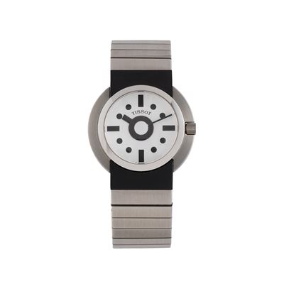 Ettore Sottsass — orologio solo tempo al quarzo in acciaio con quadrante bianco