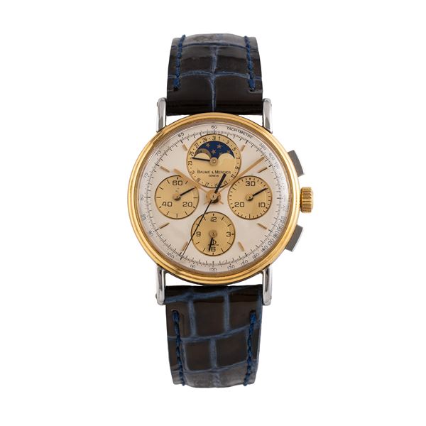 BAUME ET MERCIER - BAUME & MERCIER CRONOGRAFO A CARICA MANUALE IN ACCIAIO E ORO GIALLO 18 KT CON FASI LUNA E DATARIO AD ORE DODICI