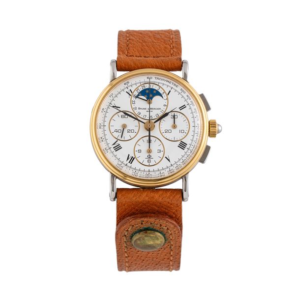 BAUME ET MERCIER - BAUME & MERCIER CRONOGRAFO A CARICA MANUALE IN ACCIAIO E ORO GIALLO 18 KT CON FASI LUNA E DATARIO AD ORE DODICI