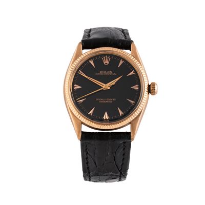Oyster Perpetual 6567 (1955) — orologio solo tempo in oro rosa 18 kt con quadrante nero
