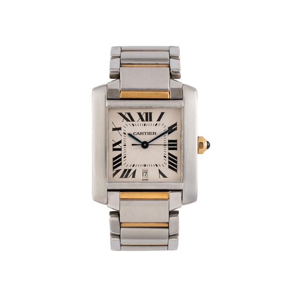 CARTIER - CARTIER - TANK FRANCAISE OROLOGIO SOLO TEMPO A CARICA AUTOMATICA ACCIAIO E ORO GIALLO 18 KT CON QUADRANTE BIANCO GUILLOCHE', DATARIO AD ORE SEI E BRACCIALE ACCIAIO E ORO GIALLO 18 KT