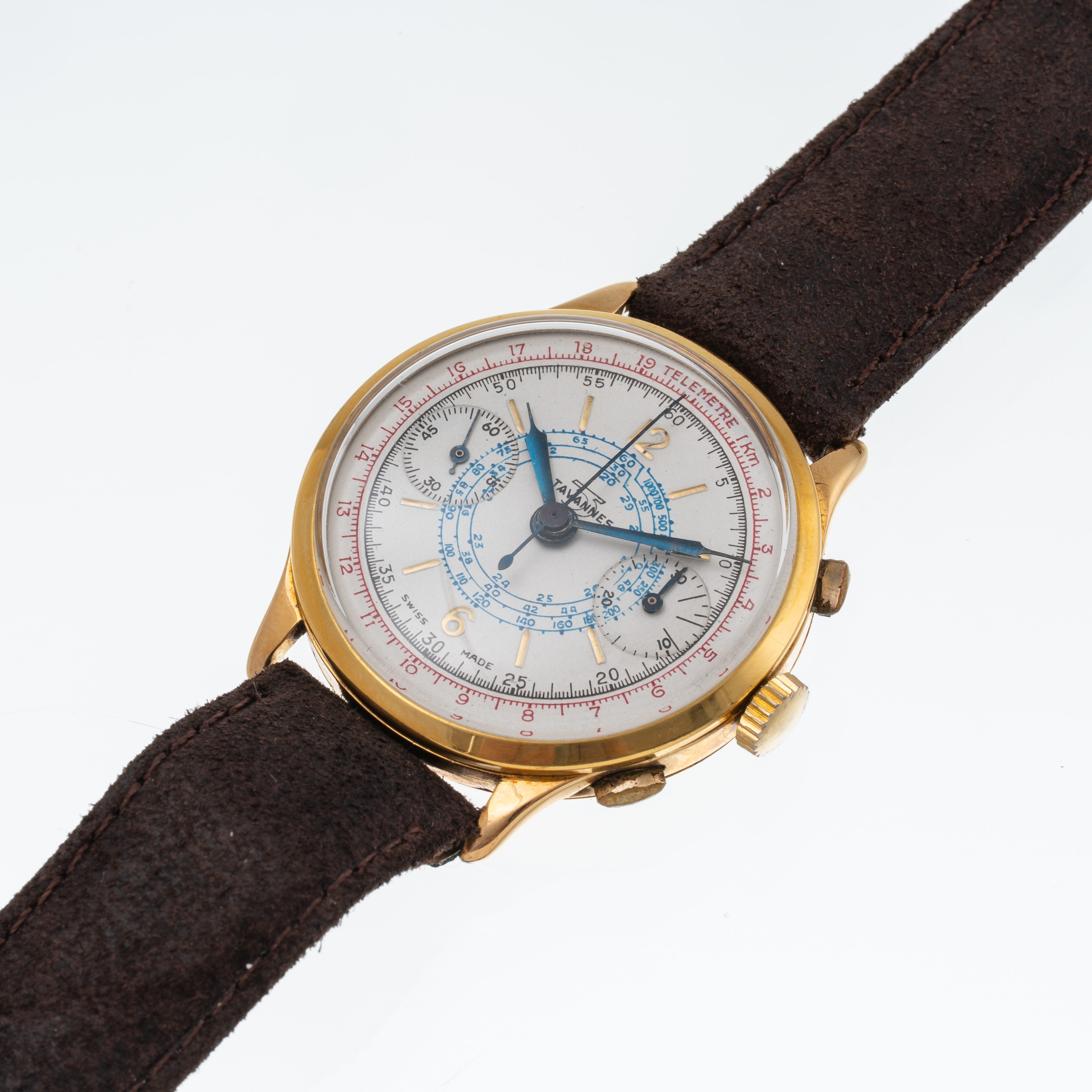 Tavannes - Cronografo a carica manuale in oro giallo 18 kt con quadrante bianco