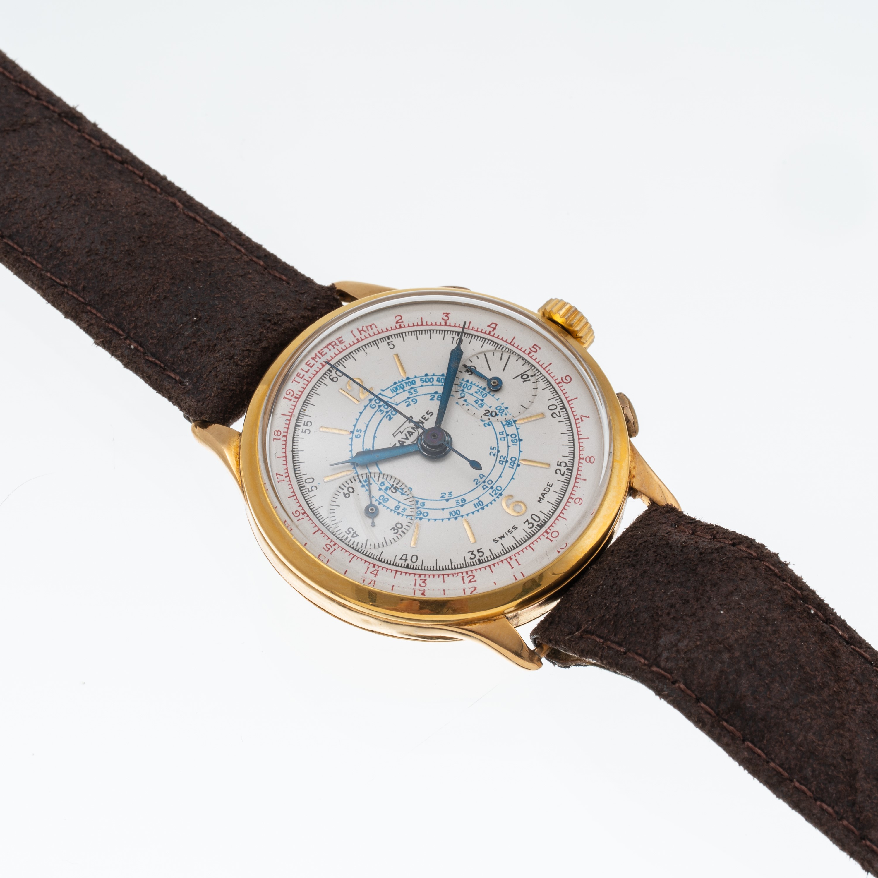 Tavannes - Cronografo a carica manuale in oro giallo 18 kt con quadrante bianco