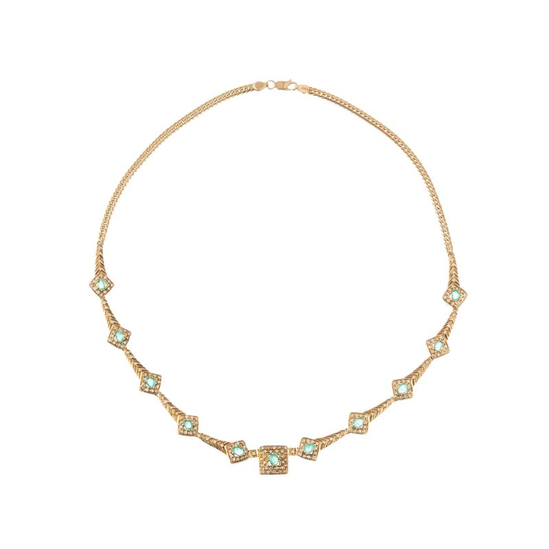 Collier, oro giallo 18 kt con smeraldi e brillantini