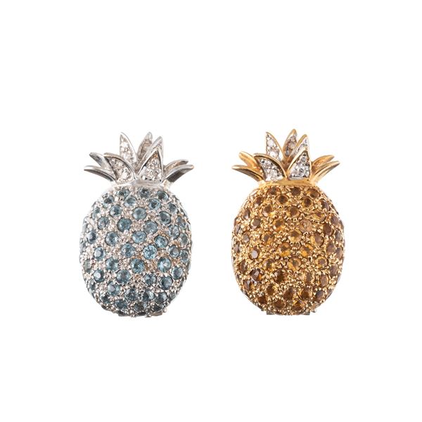 ORECCHINI CLIP "ANANAS" IN ORO GIALLO E BIANCO 18 KT CON GEMME