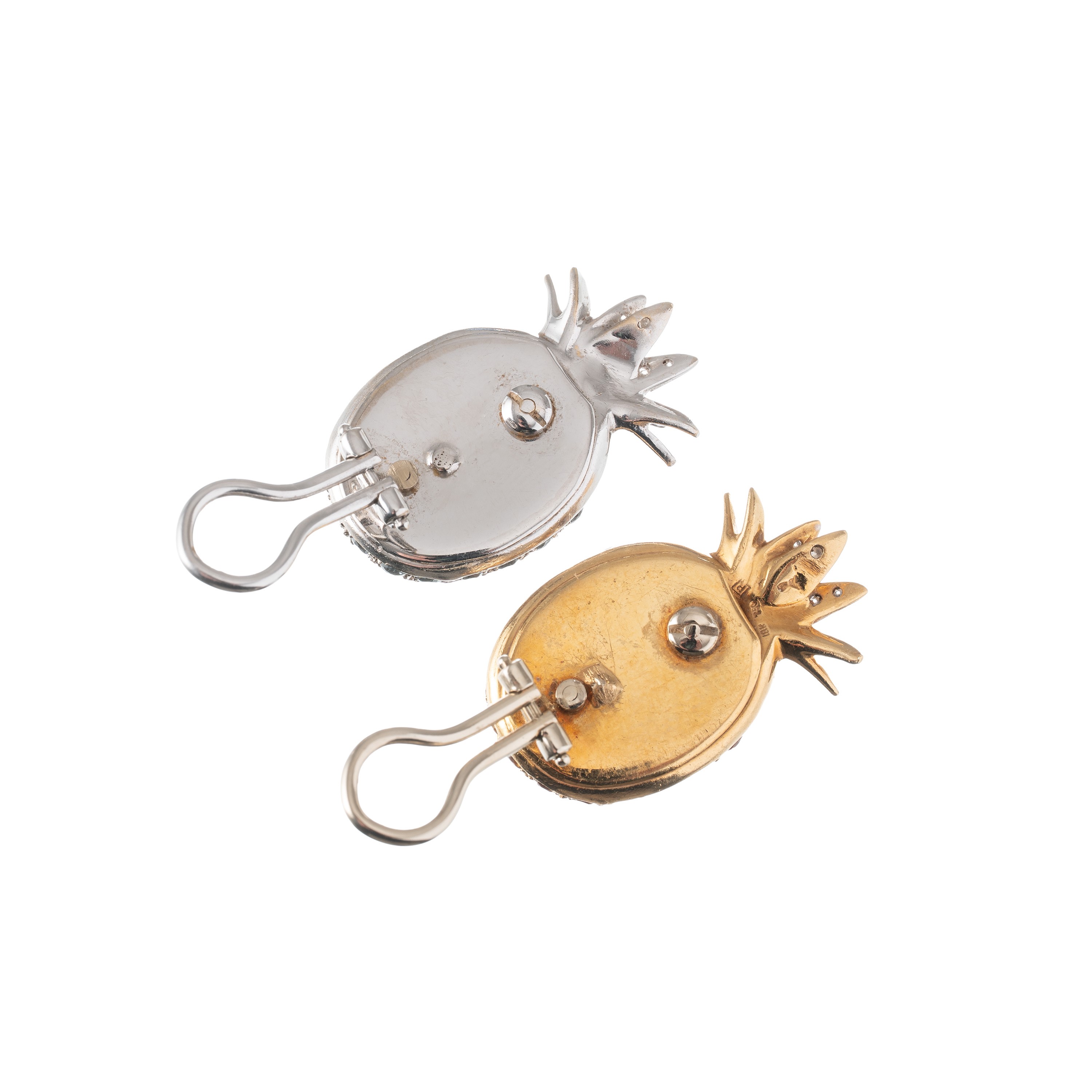 Orecchini clip a forma di ananas, oro giallo e bianco 18 kt con topazio azzurro, quarzo citrino e...
