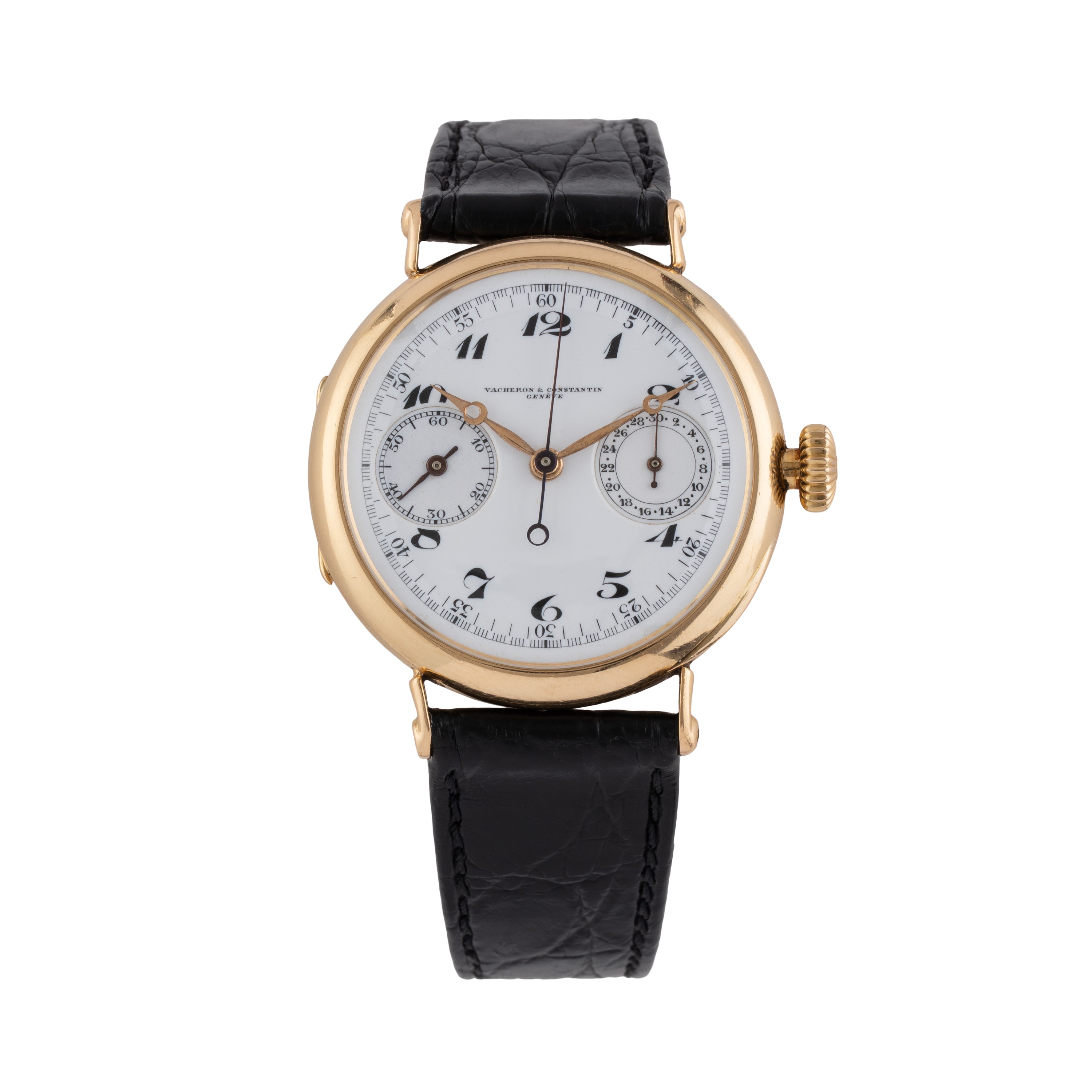 Vacheron Constantin - Cronografo monopulsante in oro giallo 18 kt con quadrante in porcellana e i...