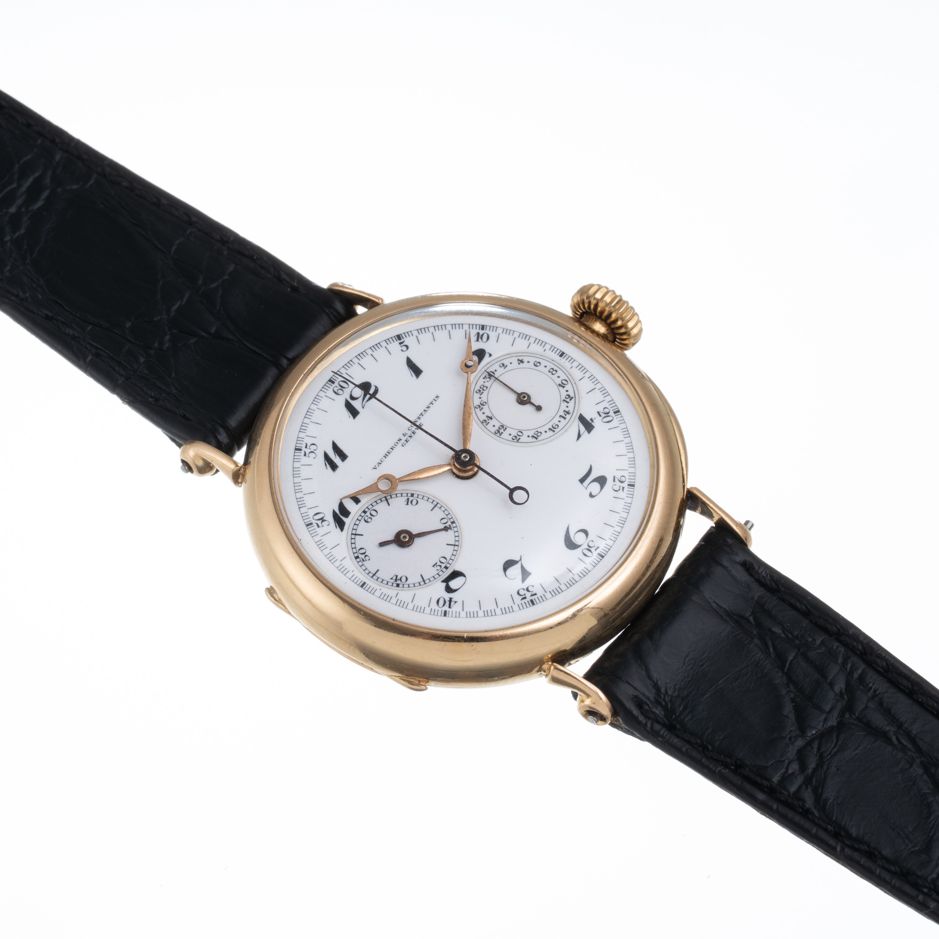 Vacheron Constantin - Cronografo monopulsante in oro giallo 18 kt con quadrante in porcellana e i...