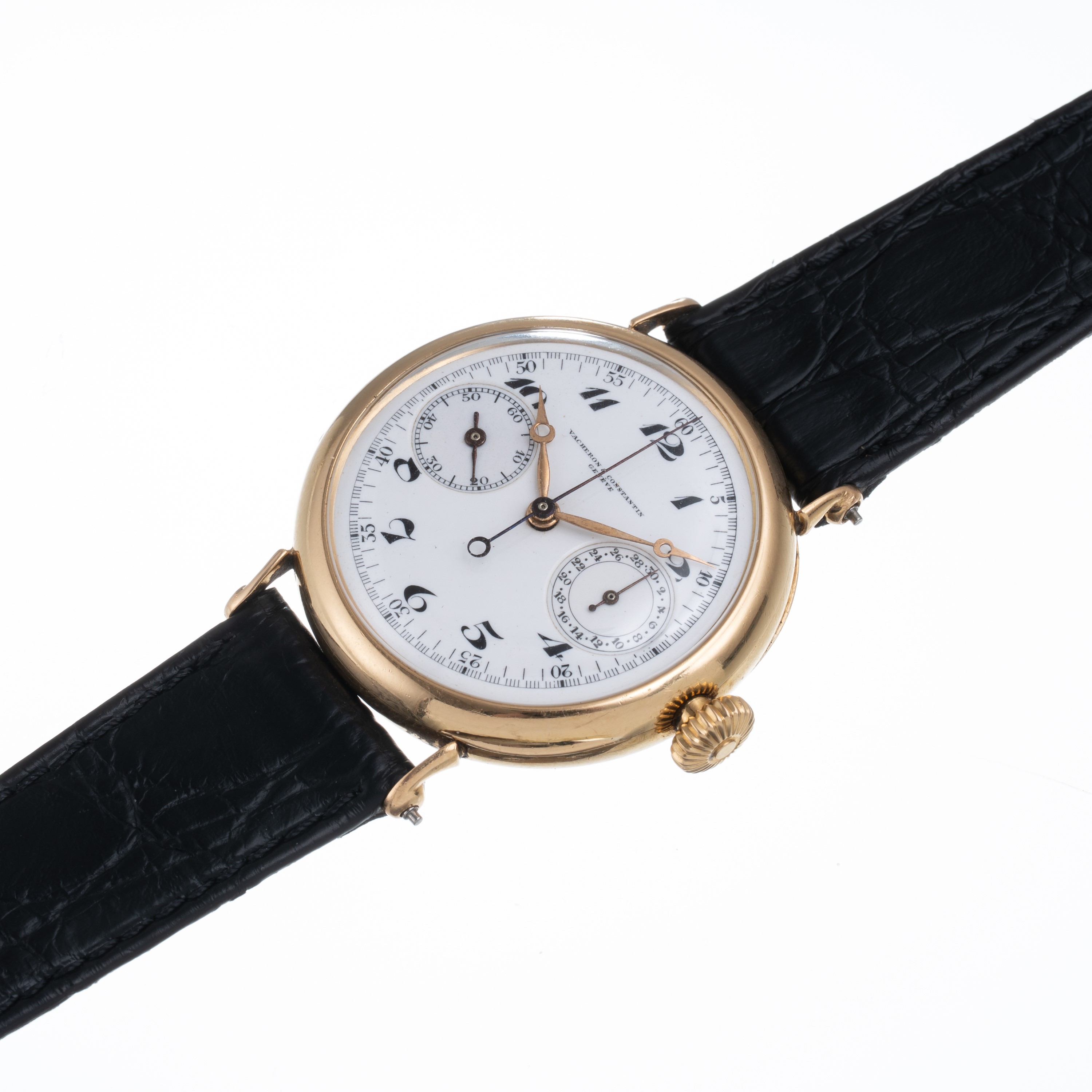 Vacheron Constantin - Cronografo monopulsante in oro giallo 18 kt con quadrante in porcellana e i...
