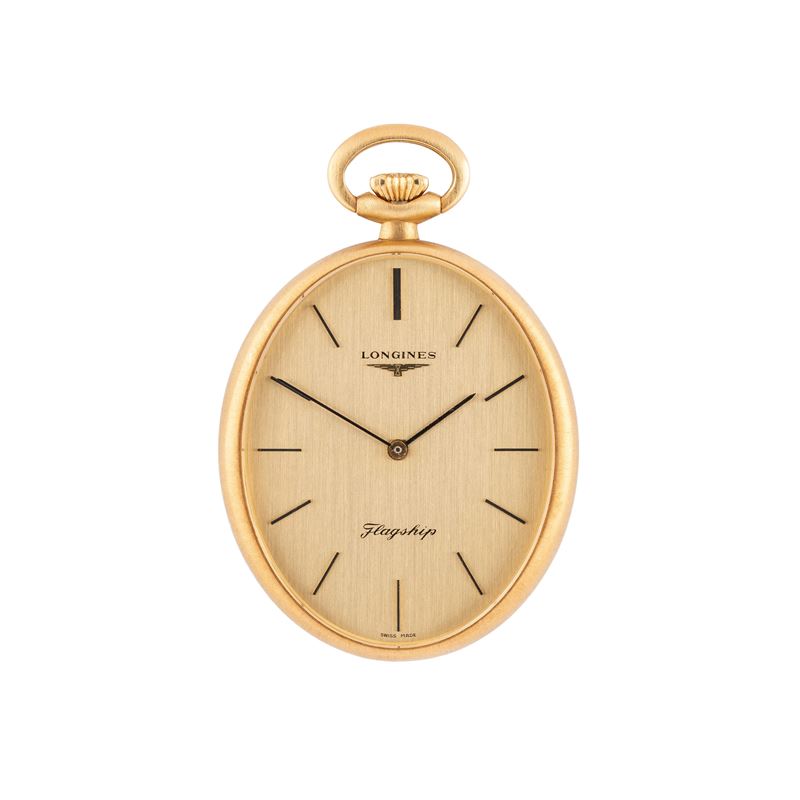 Longines - Flagship, orologio da tasca ovale in oro giallo 18 kt con quadrante champagne