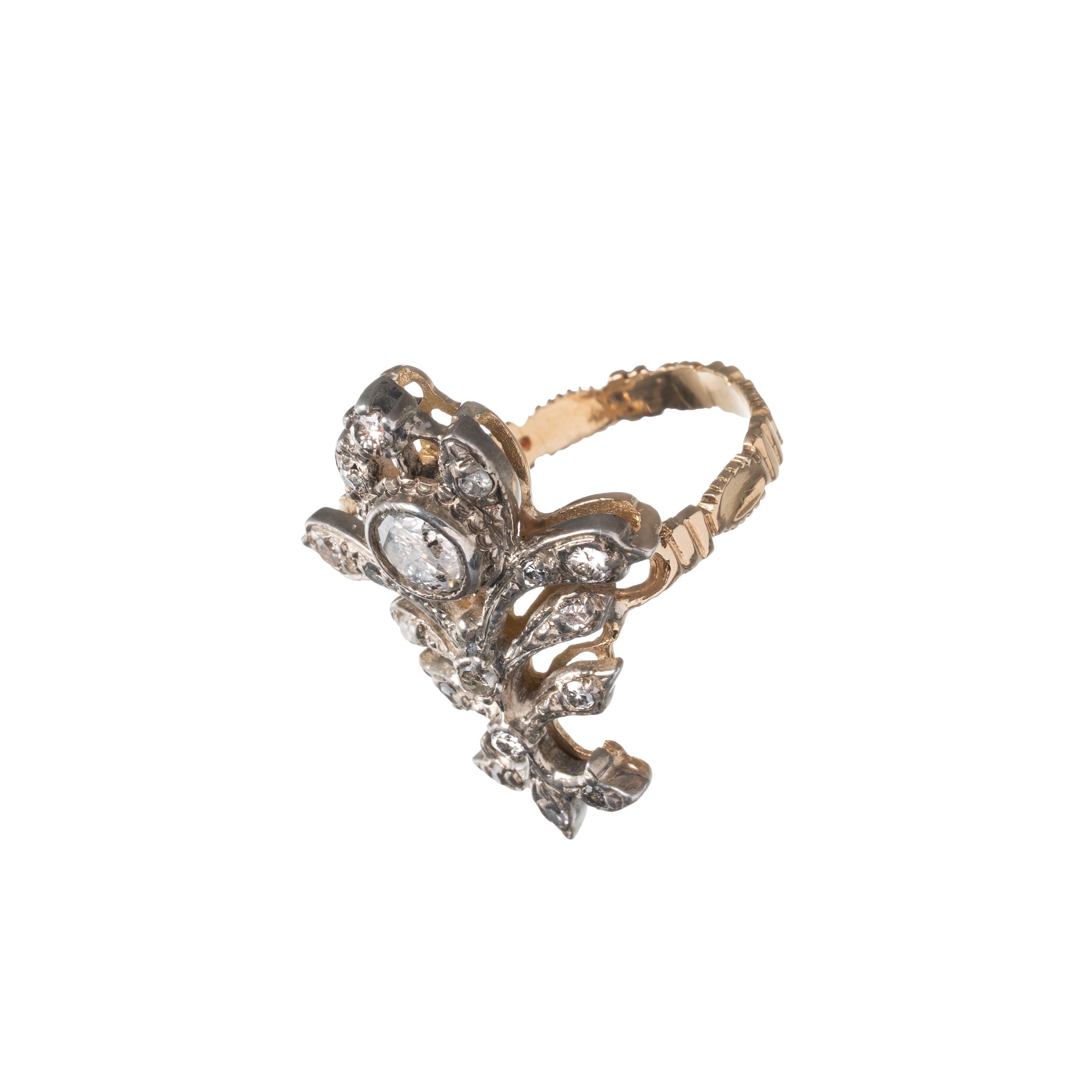 Spangaro, Spilla e anello in oro giallo 18 kt con contorno di diamanti e brillante
